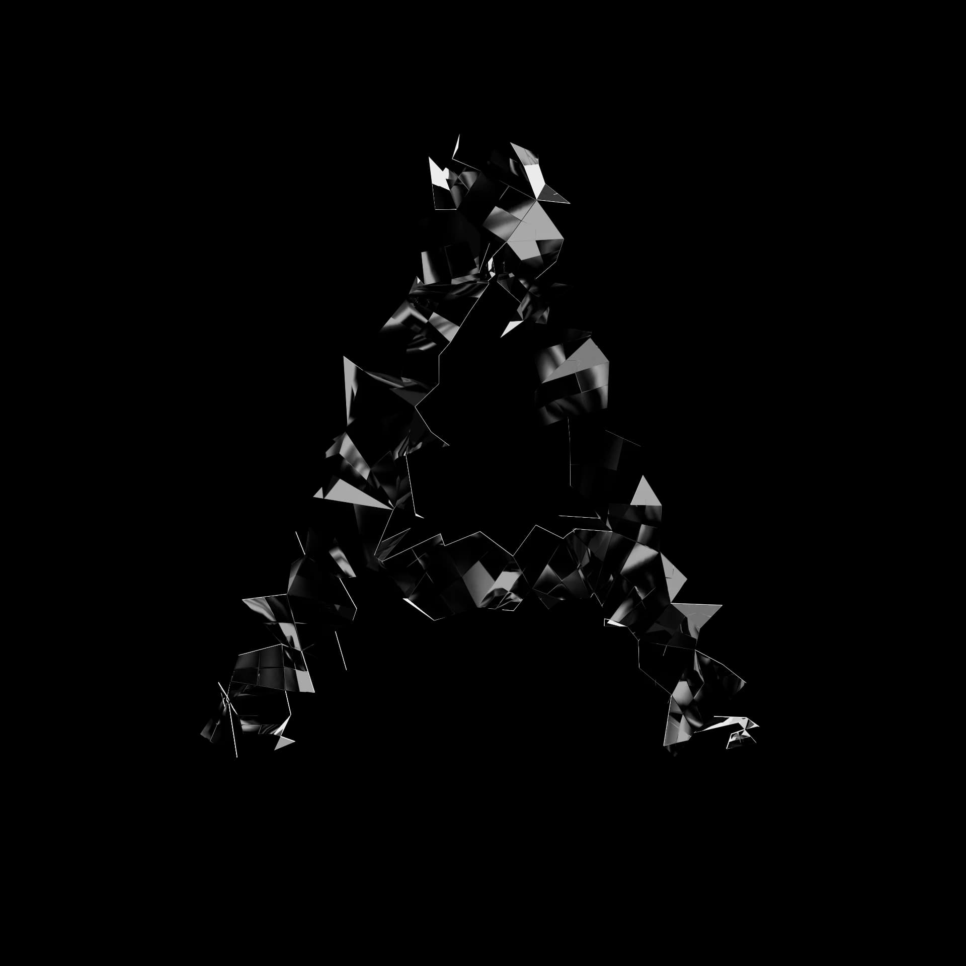 Letra A de Shard Type: carácter 3D fragmentado en esquirlas angulares de material especular negro sobre fondo blanco