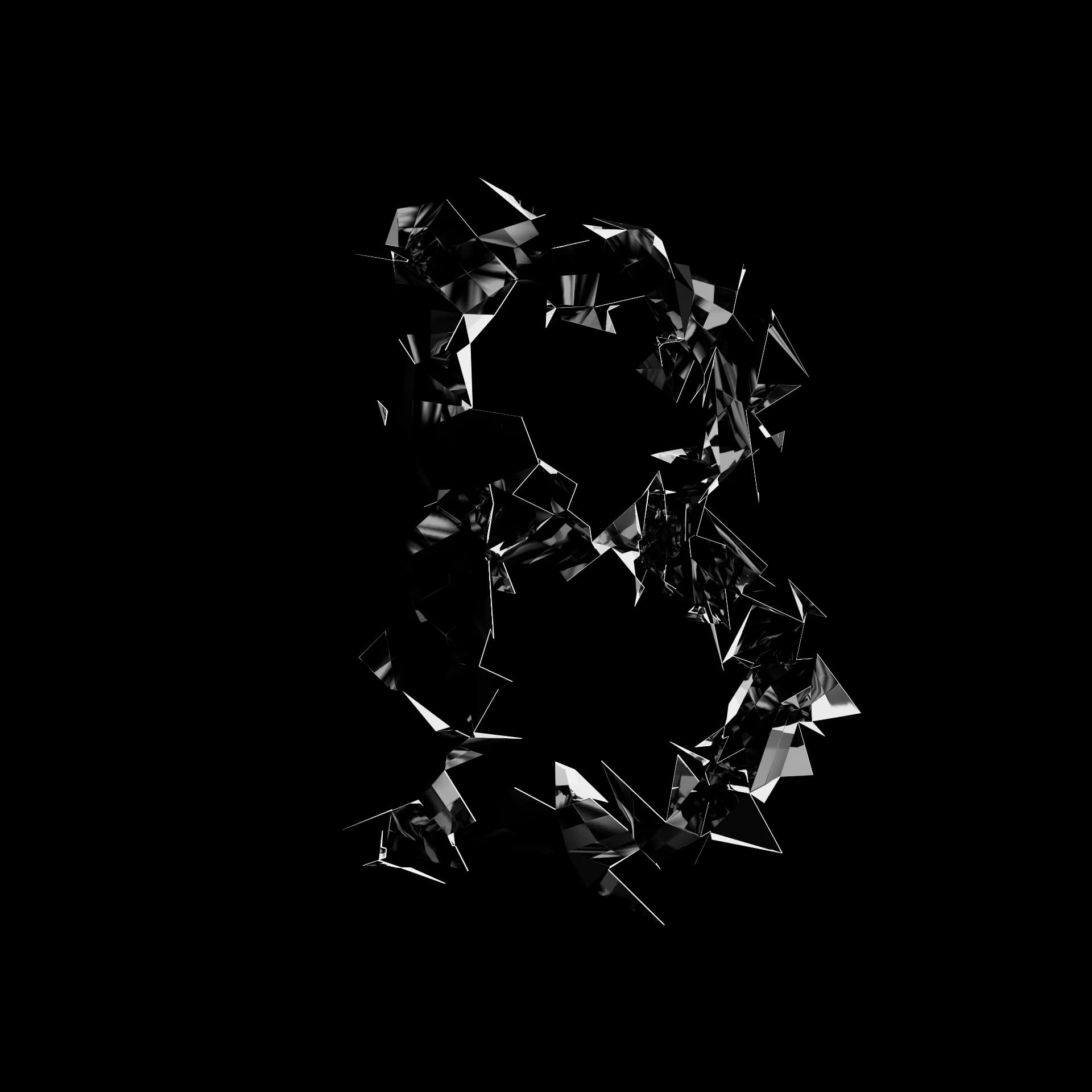 Letra B de Shard Type: carácter 3D fragmentado en esquirlas angulares de material especular negro sobre fondo blanco