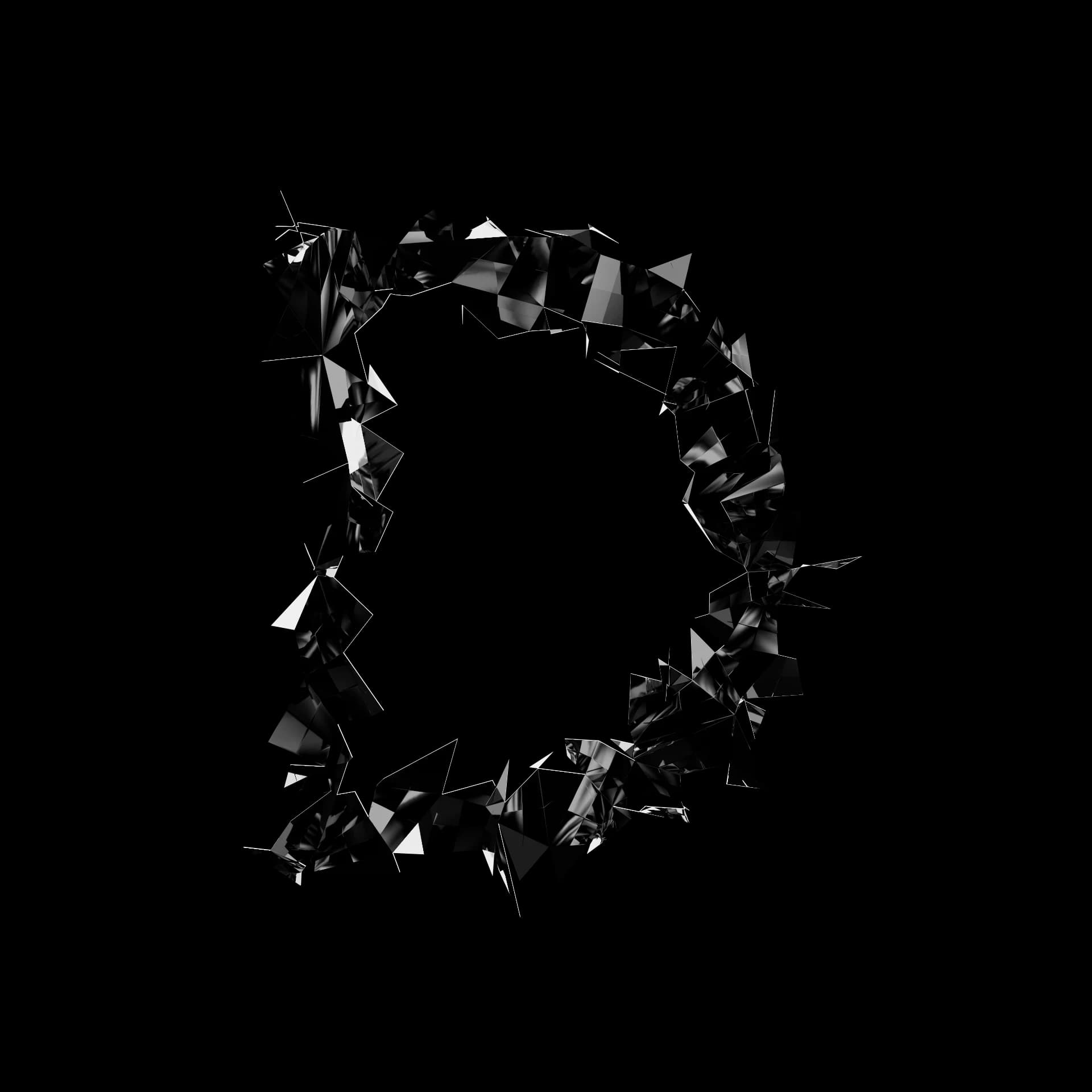 Letra D de Shard Type: carácter 3D fragmentado en esquirlas angulares de material especular negro sobre fondo blanco