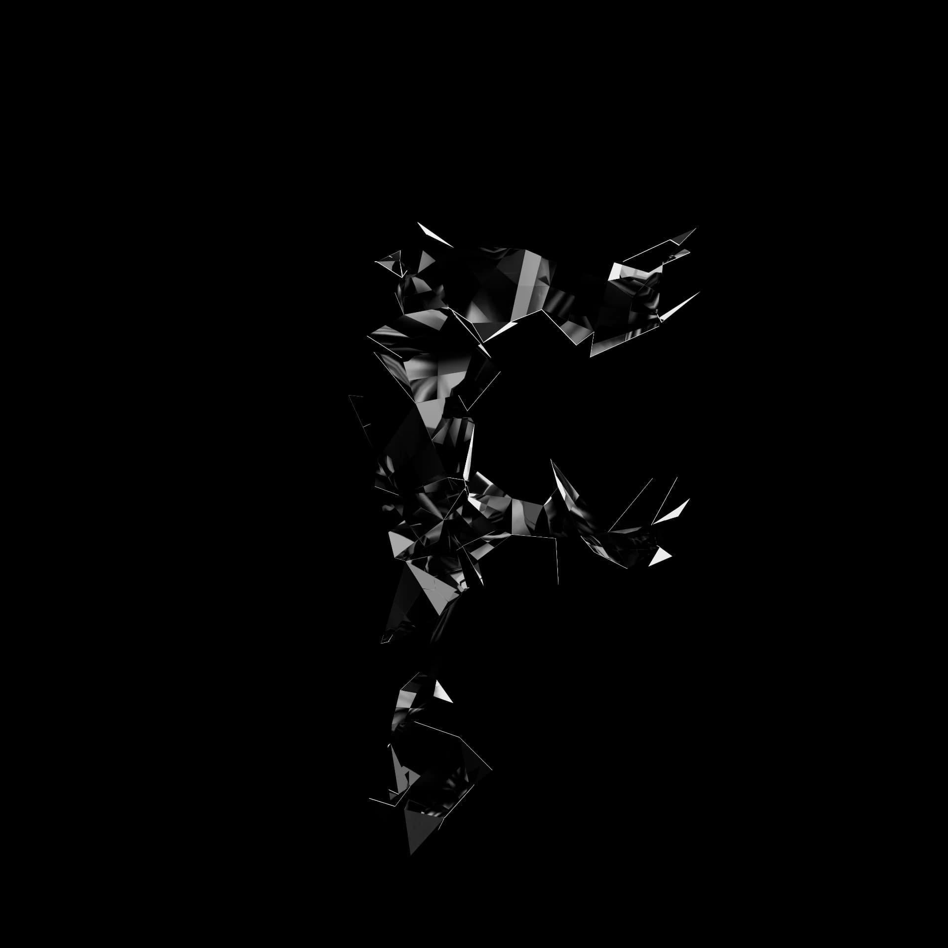 Letra F de Shard Type: carácter 3D fragmentado en esquirlas angulares de material especular negro sobre fondo blanco