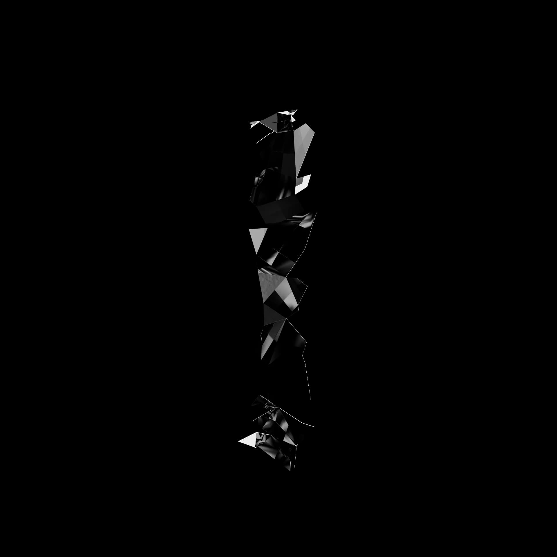 Letra I de Shard Type: carácter 3D fragmentado en esquirlas angulares de material especular negro sobre fondo blanco