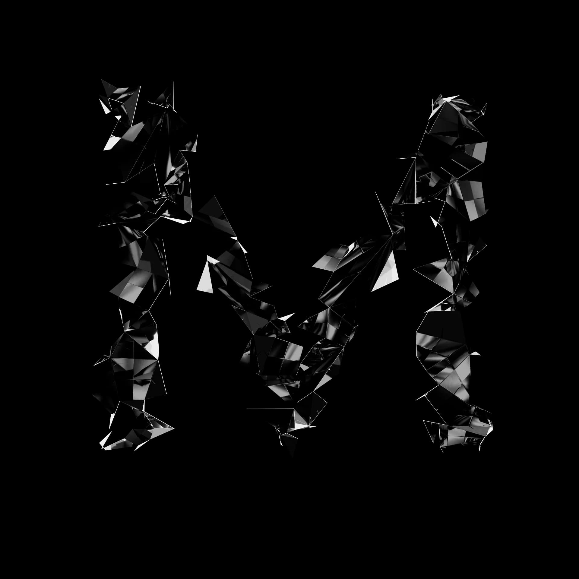 Letra M de Shard Type: carácter 3D fragmentado en esquirlas angulares de material especular negro sobre fondo blanco