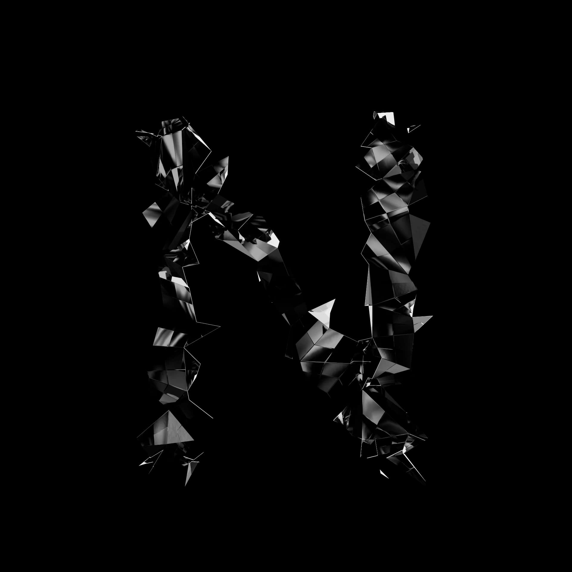 Letra N de Shard Type: carácter 3D fragmentado en esquirlas angulares de material especular negro sobre fondo blanco