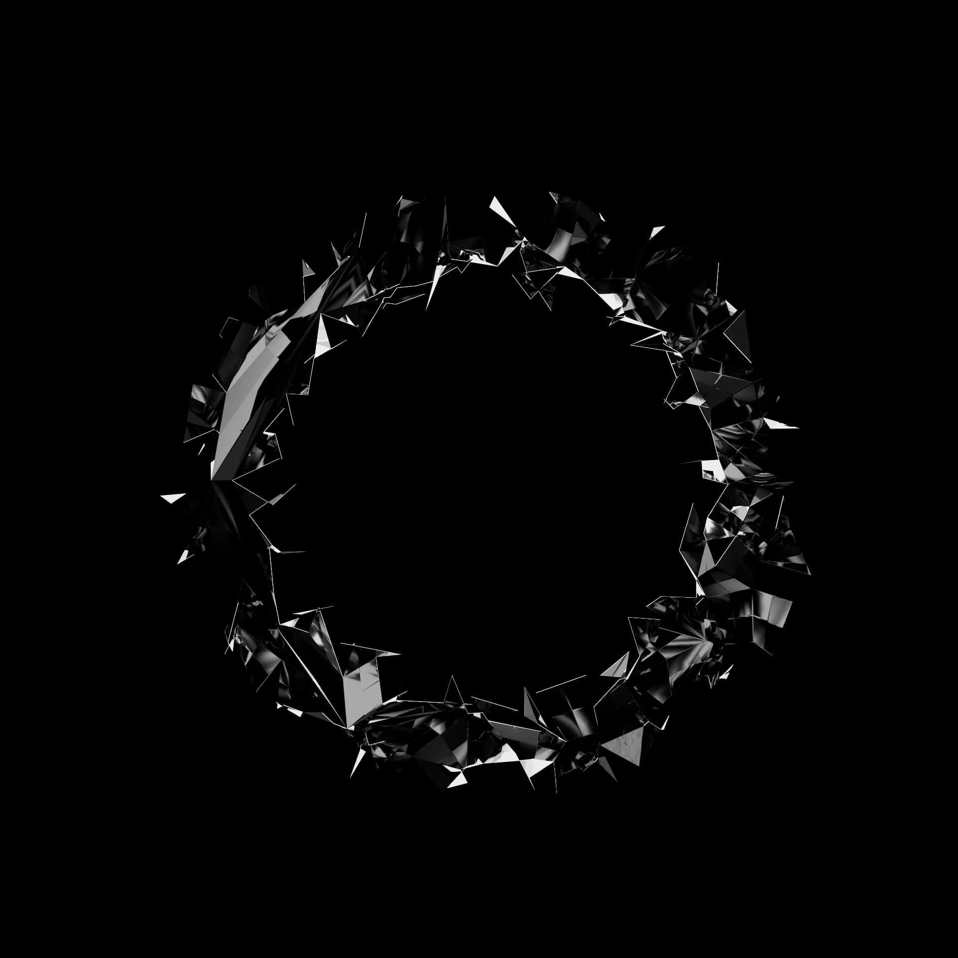 Letra O de Shard Type: carácter 3D fragmentado en esquirlas angulares de material especular negro sobre fondo blanco