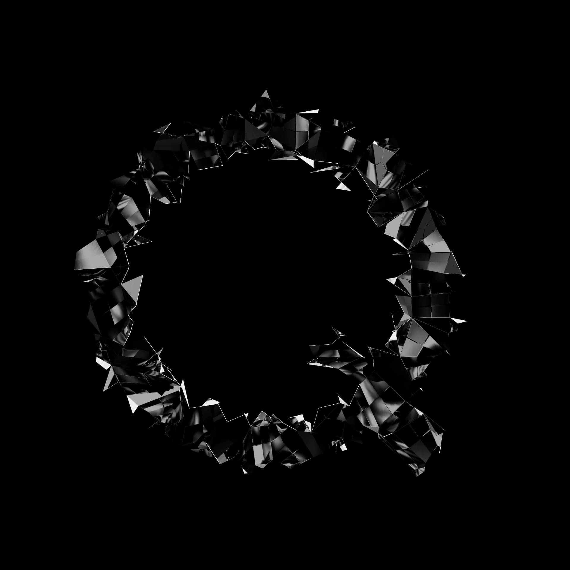 Letra Q de Shard Type: carácter 3D fragmentado en esquirlas angulares de material especular negro sobre fondo blanco