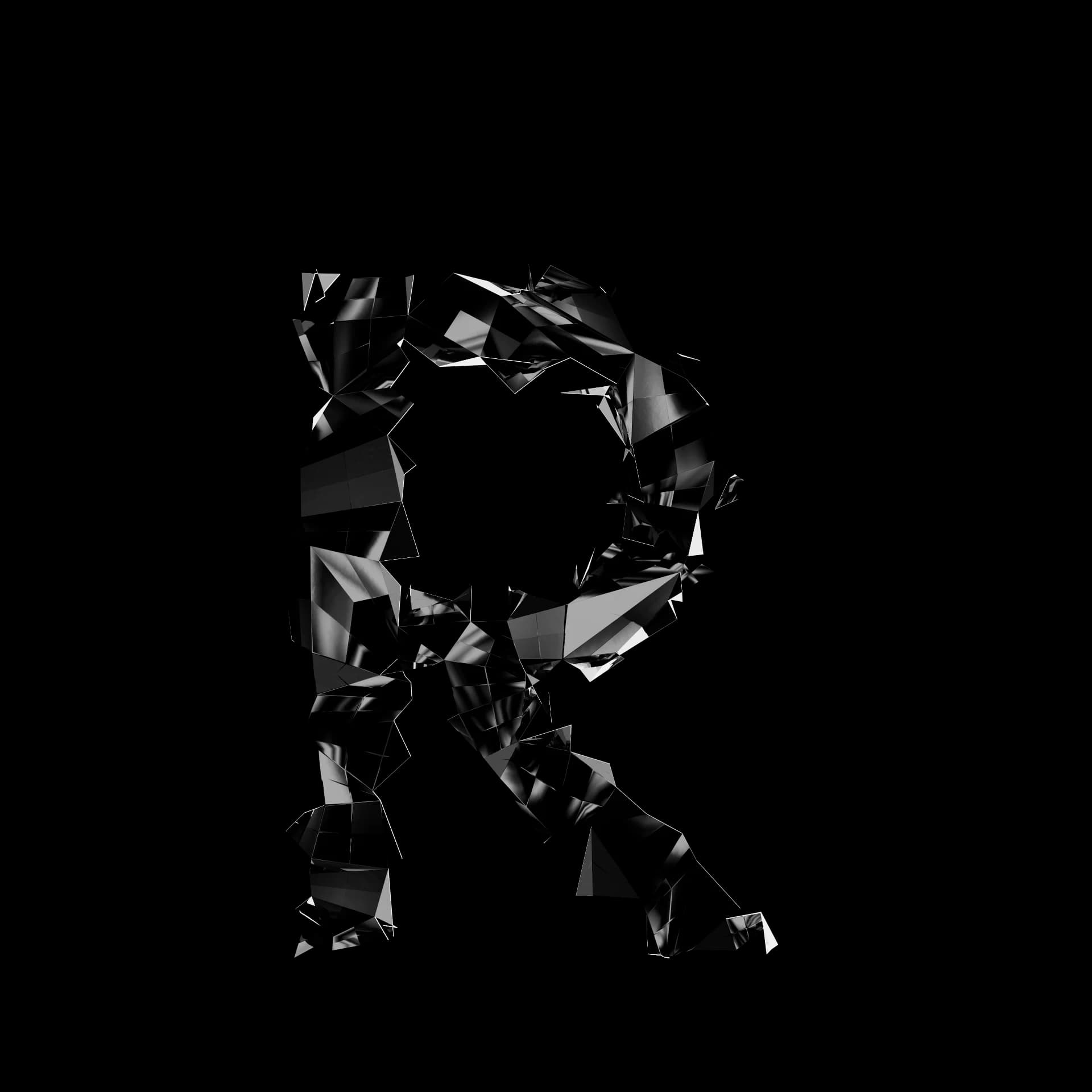Letra R de Shard Type: carácter 3D fragmentado en esquirlas angulares de material especular negro sobre fondo blanco