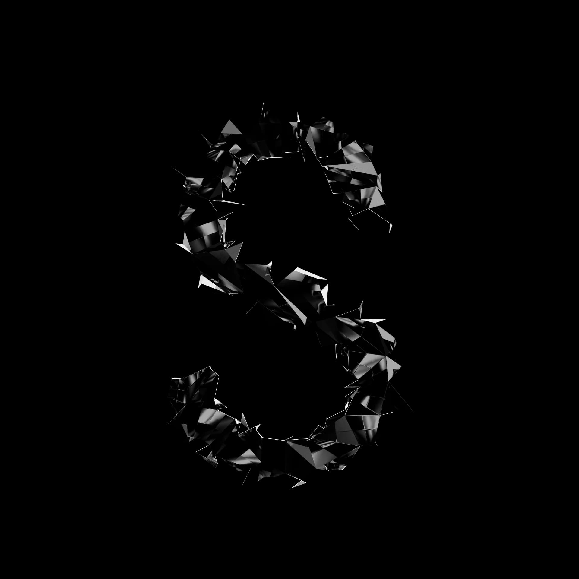 Letra S de Shard Type: carácter 3D fragmentado en esquirlas angulares de material especular negro sobre fondo blanco