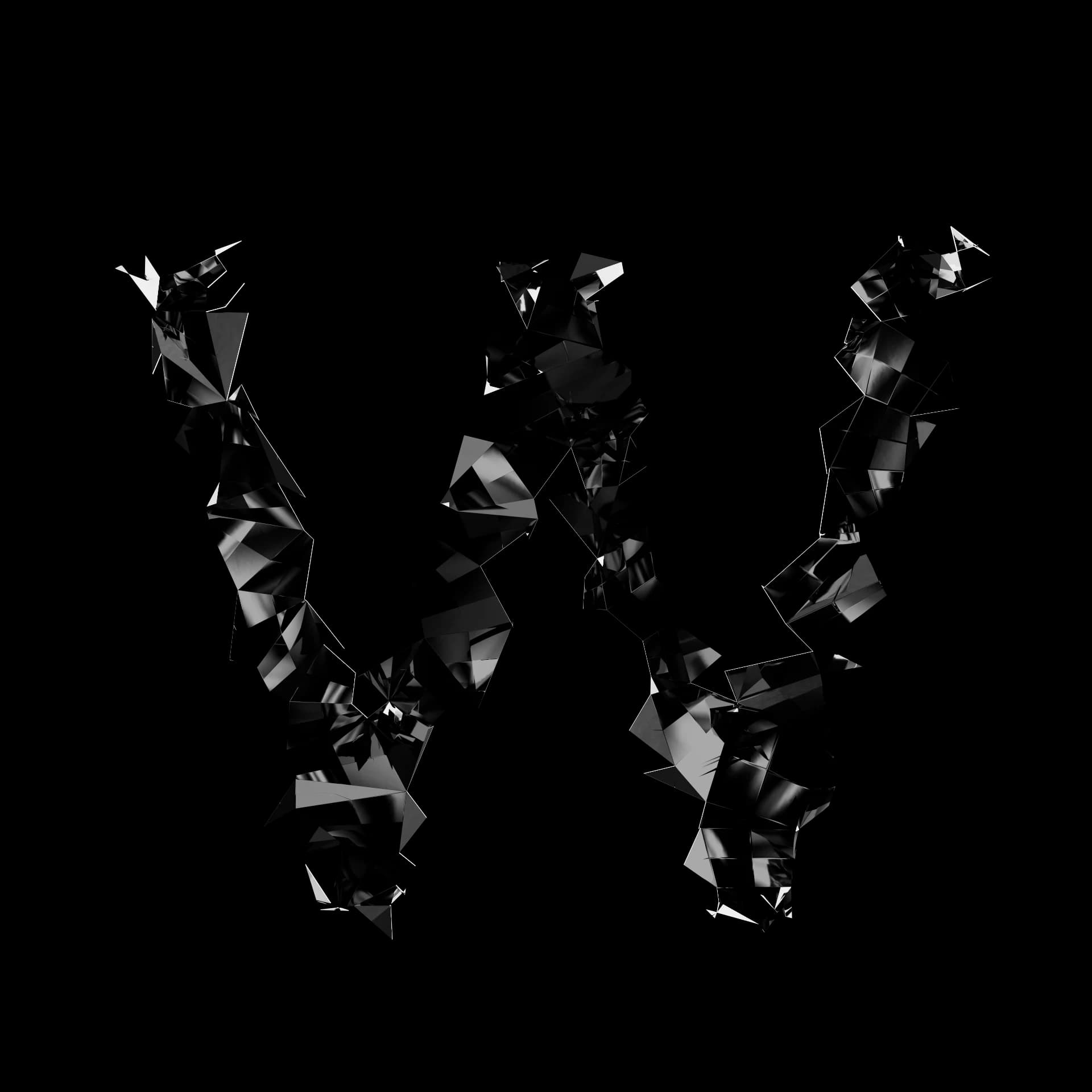 Letra W de Shard Type: carácter 3D fragmentado en esquirlas angulares de material especular negro sobre fondo blanco