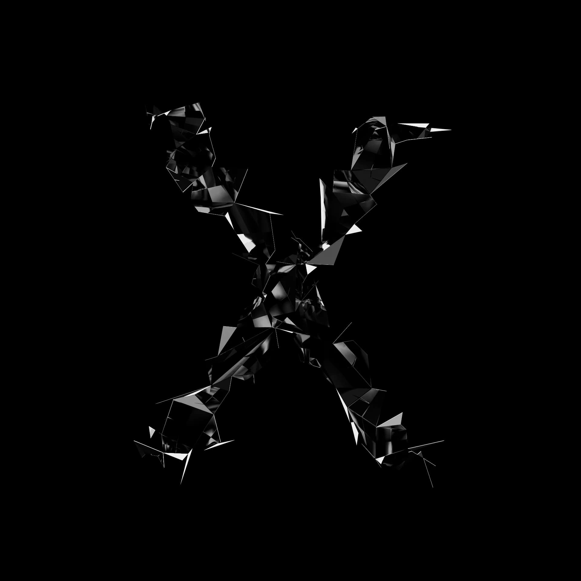 Letra X de Shard Type: carácter 3D fragmentado en esquirlas angulares de material especular negro sobre fondo blanco