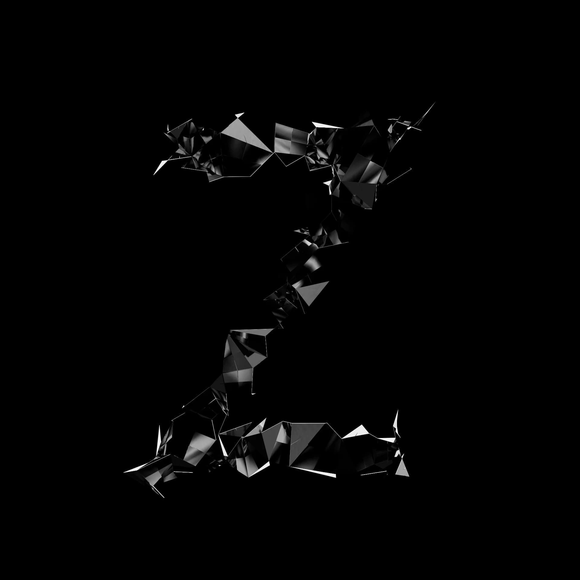 Letra Z de Shard Type: carácter 3D fragmentado en esquirlas angulares de material especular negro sobre fondo blanco