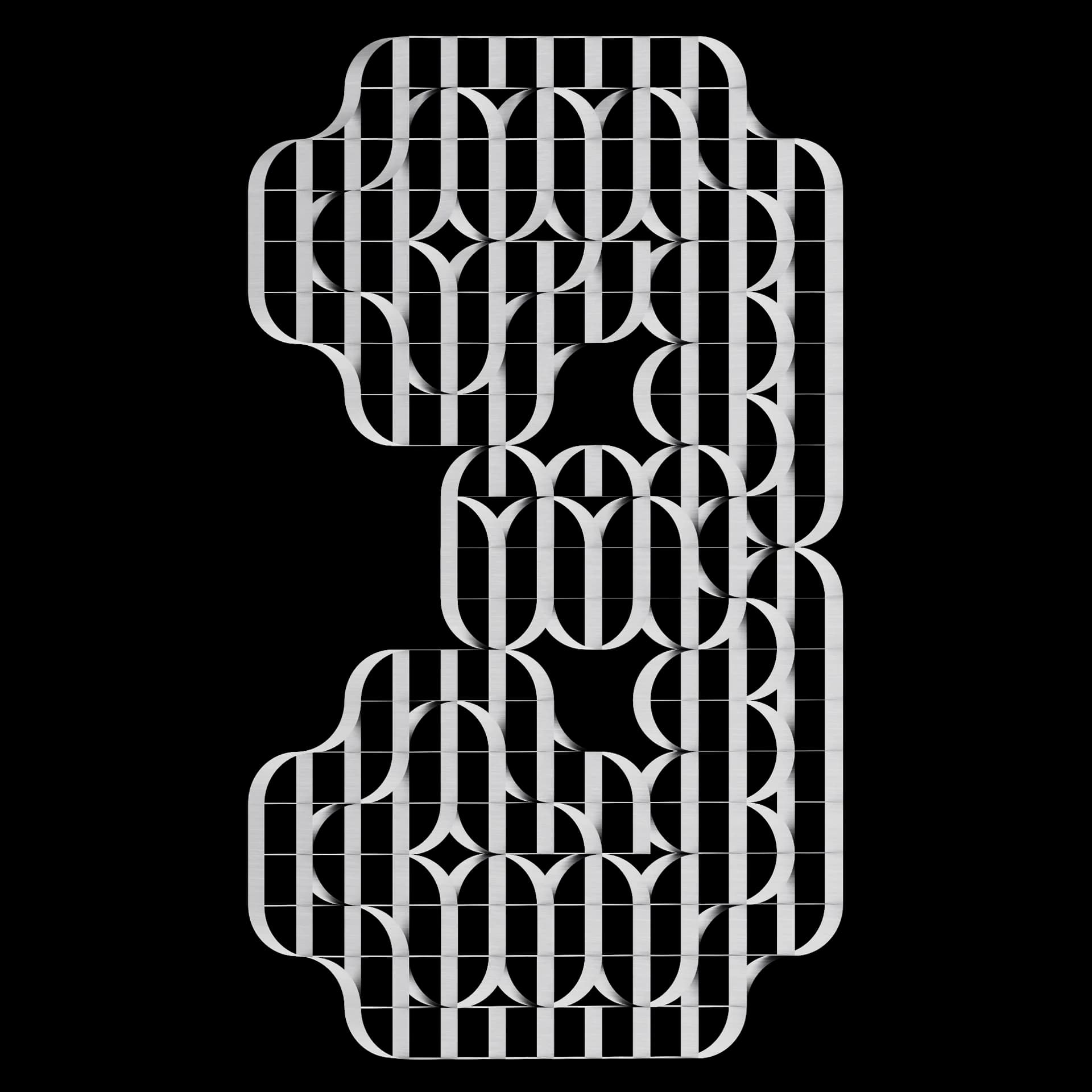 Carácter 3 de Ribbon Type: alfabeto modular de bandas y arcos elípticos en metal cepillado sobre fondo negro