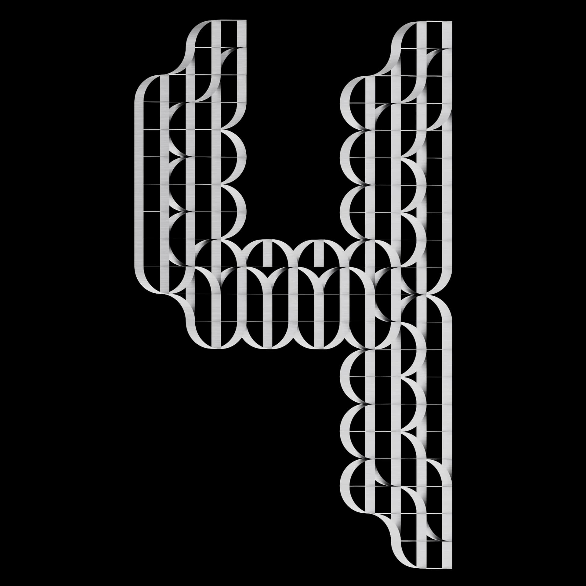 Carácter 4 de Ribbon Type: alfabeto modular de bandas y arcos elípticos en metal cepillado sobre fondo negro