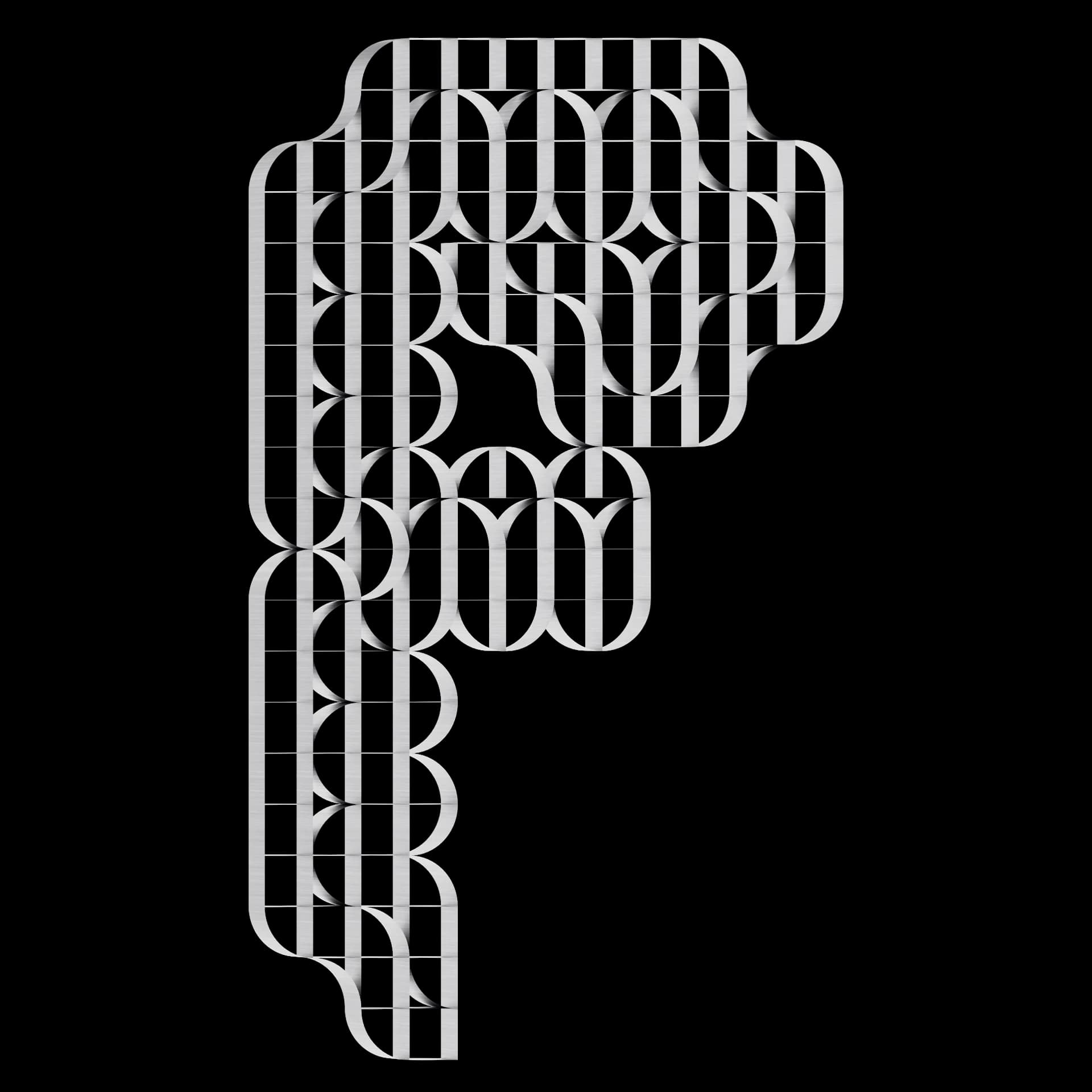 Carácter F de Ribbon Type: alfabeto modular de bandas y arcos elípticos en metal cepillado sobre fondo negro