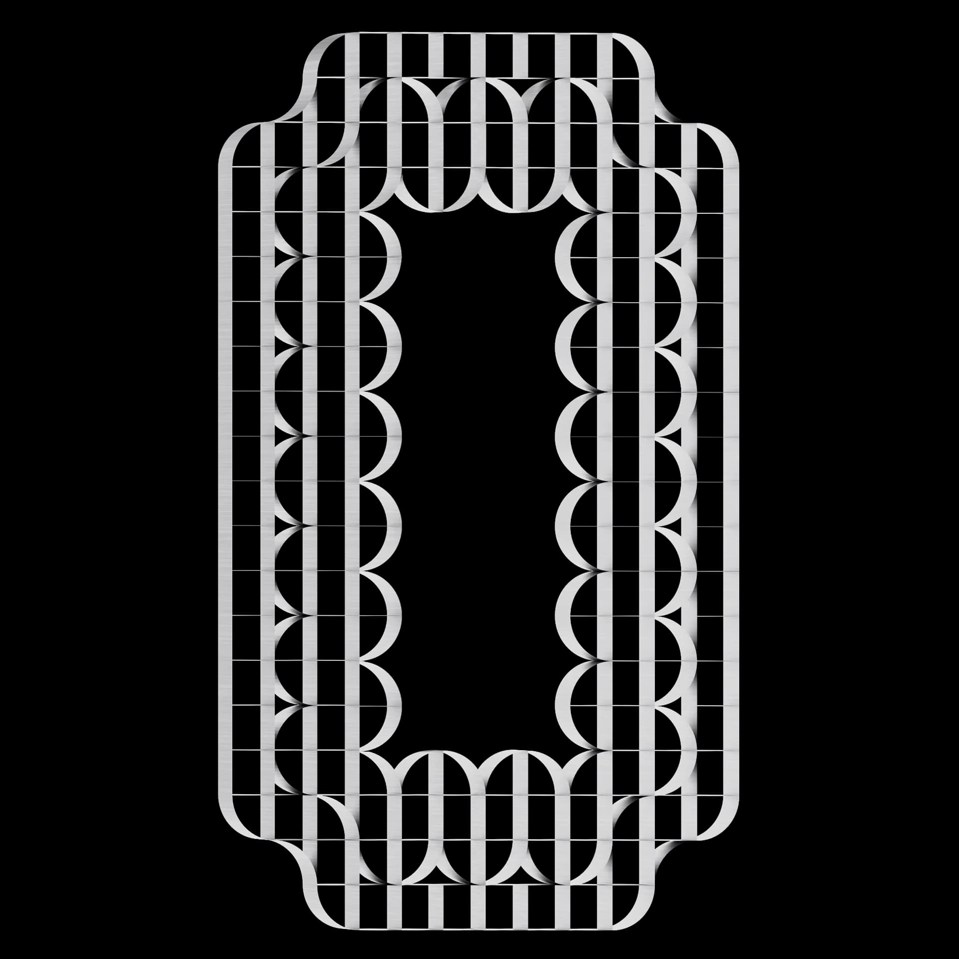 Carácter O de Ribbon Type: alfabeto modular de bandas y arcos elípticos en metal cepillado sobre fondo negro