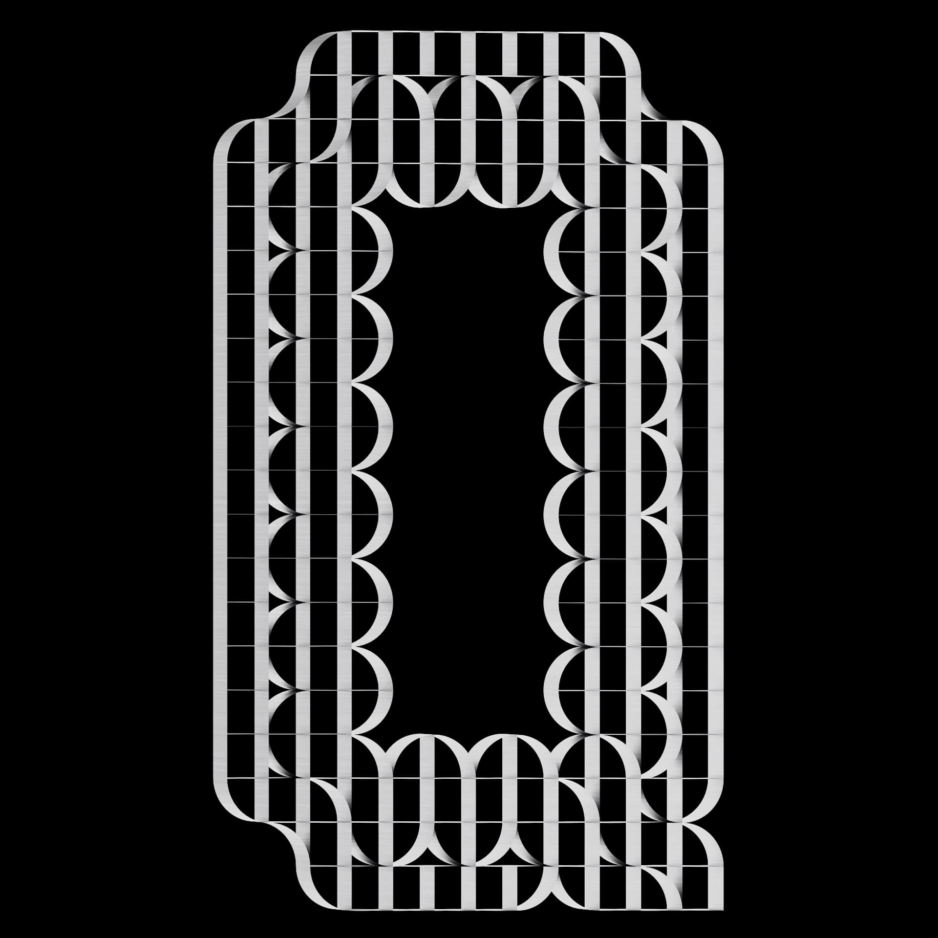 Carácter Q de Ribbon Type: alfabeto modular de bandas y arcos elípticos en metal cepillado sobre fondo negro