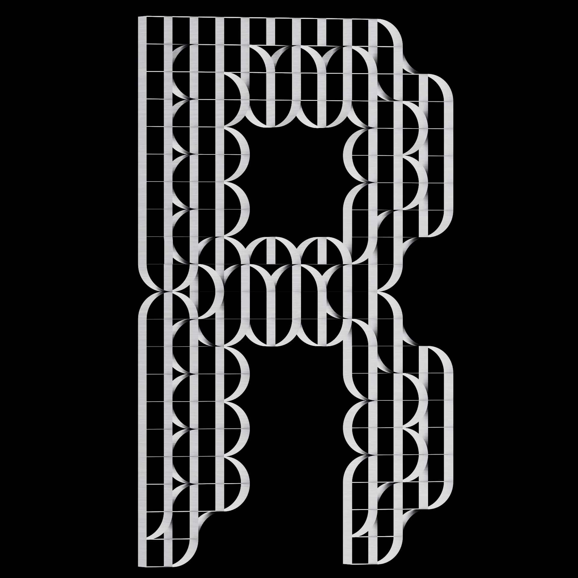 Carácter R de Ribbon Type: alfabeto modular de bandas y arcos elípticos en metal cepillado sobre fondo negro
