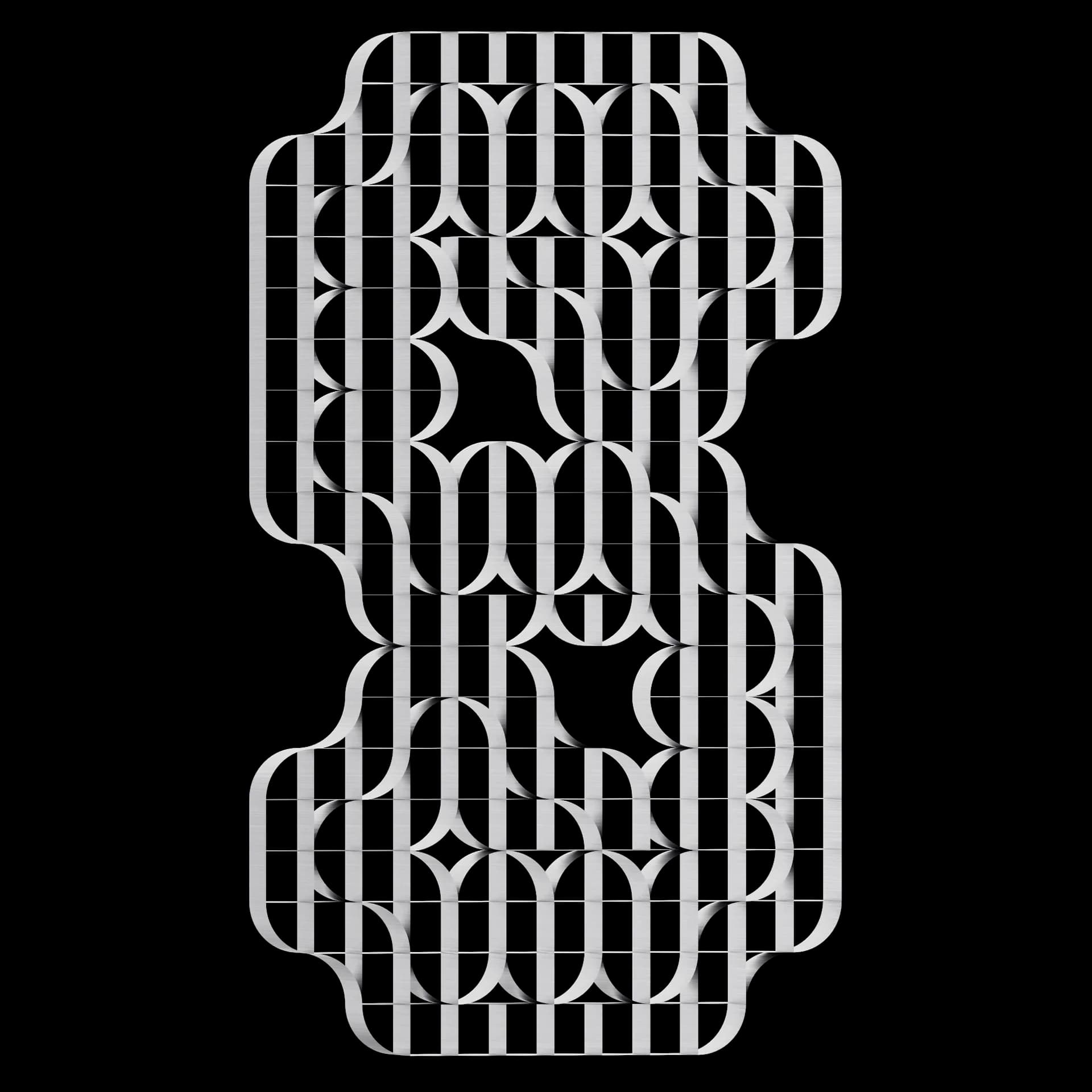 Carácter S de Ribbon Type: alfabeto modular de bandas y arcos elípticos en metal cepillado sobre fondo negro