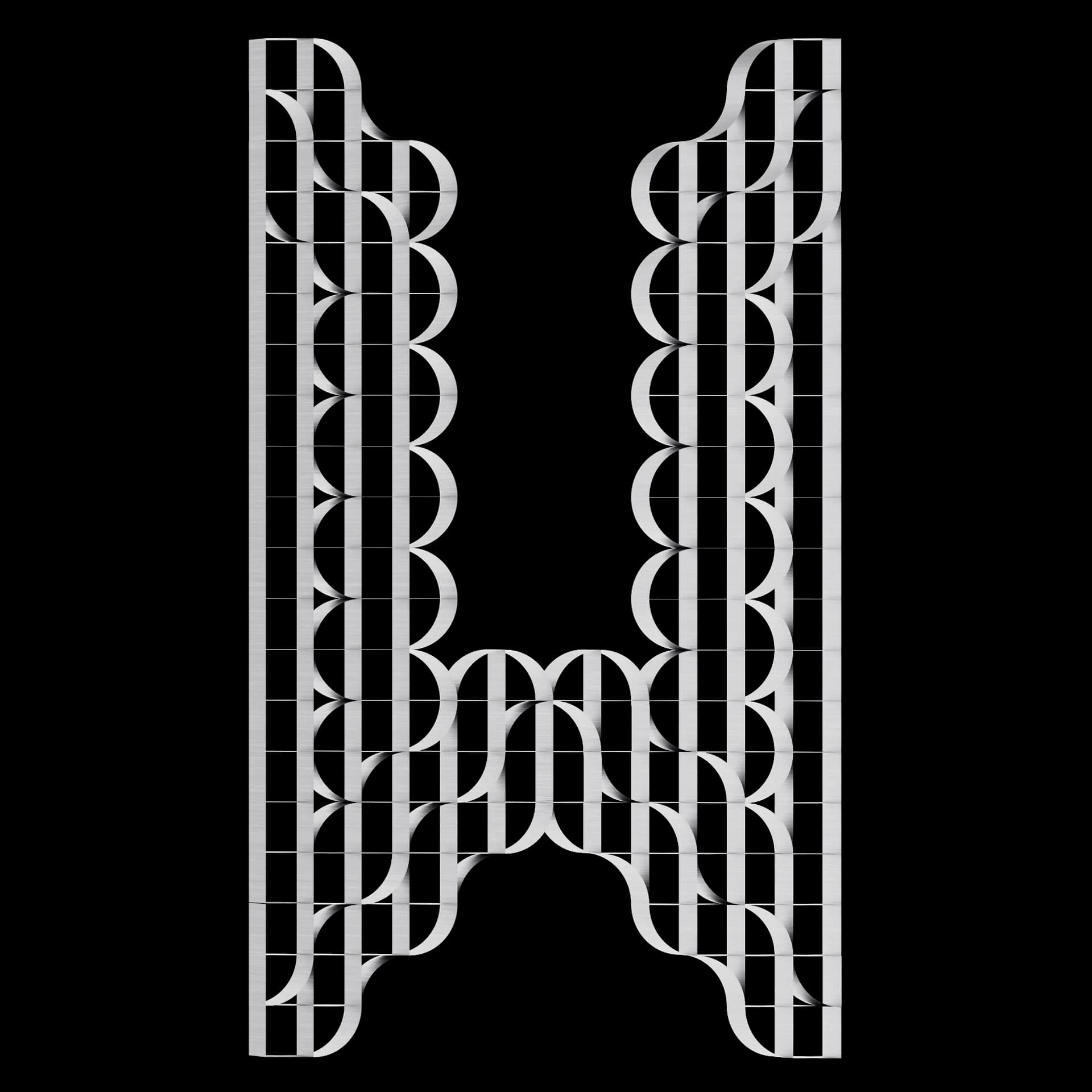 Carácter W de Ribbon Type: alfabeto modular de bandas y arcos elípticos en metal cepillado sobre fondo negro