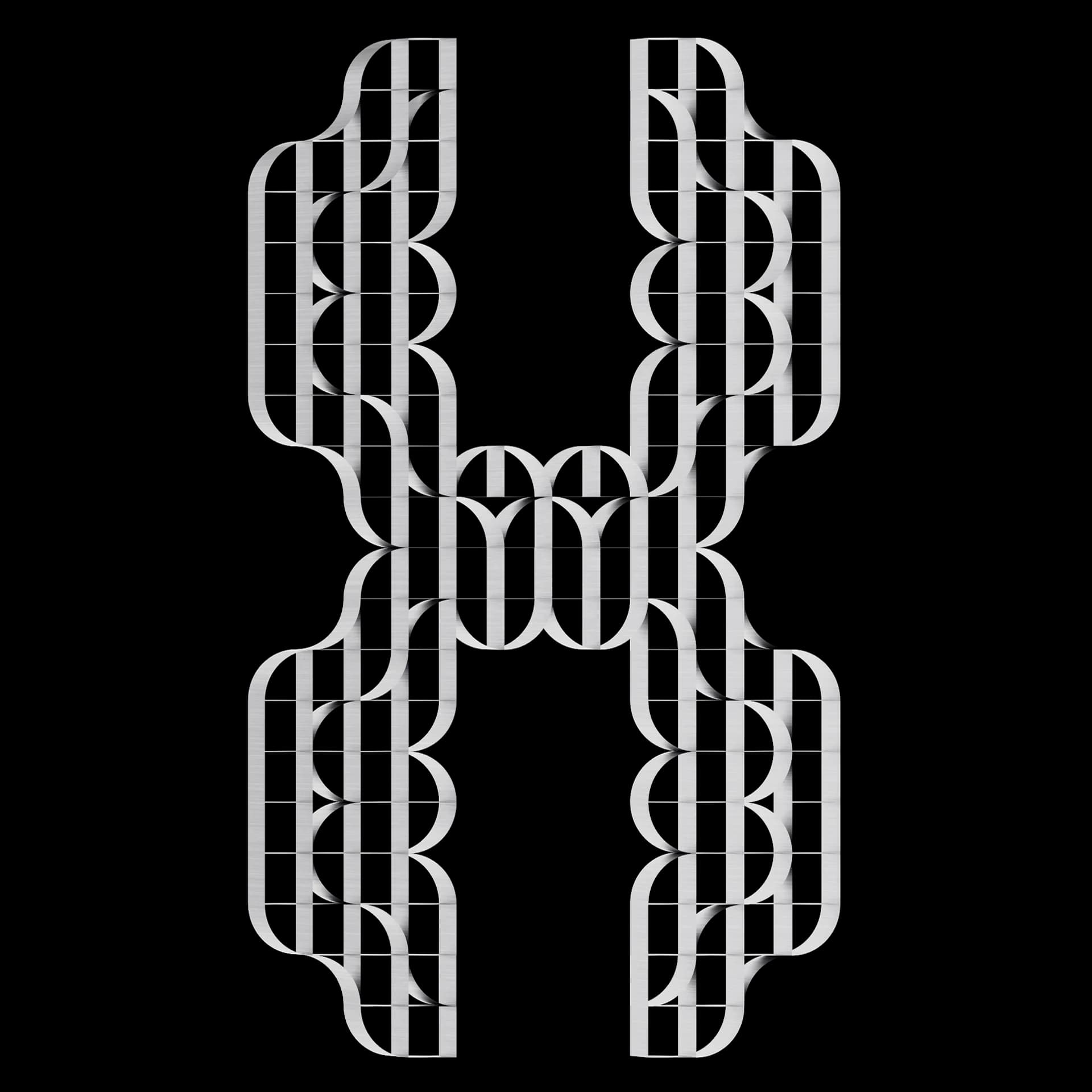 Carácter X de Ribbon Type: alfabeto modular de bandas y arcos elípticos en metal cepillado sobre fondo negro