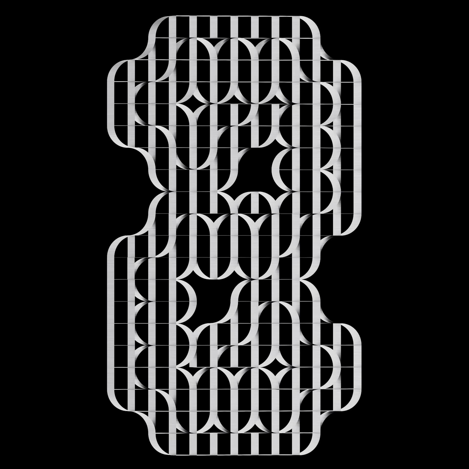 Carácter Z de Ribbon Type: alfabeto modular de bandas y arcos elípticos en metal cepillado sobre fondo negro
