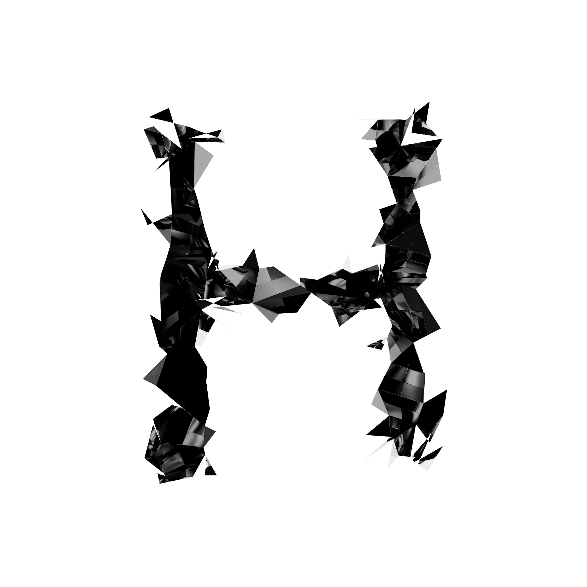 Letra H de Shard Type: carácter 3D fragmentado en esquirlas angulares de material especular negro sobre fondo blanco