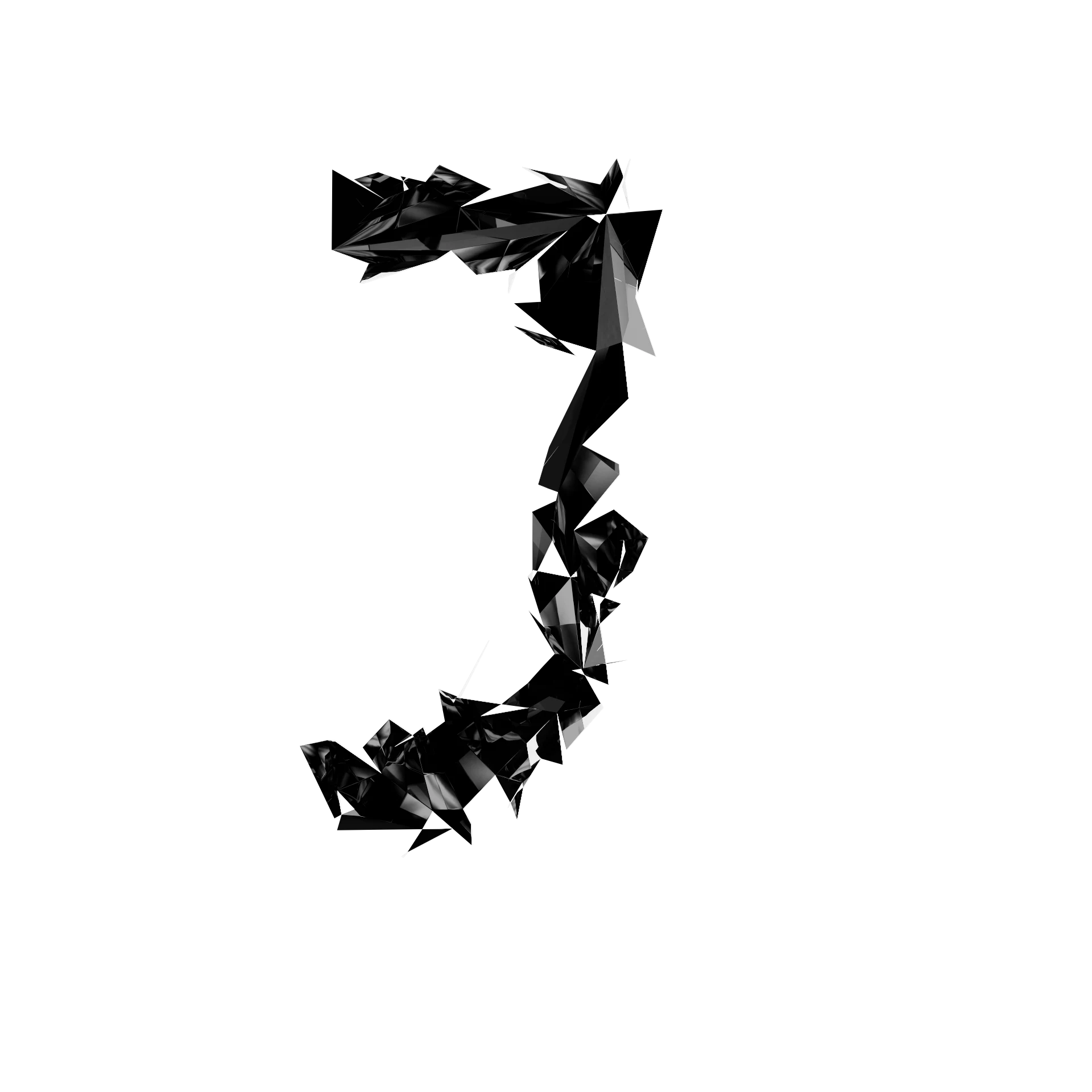 Letra J de Shard Type: carácter 3D fragmentado en esquirlas angulares de material especular negro sobre fondo blanco