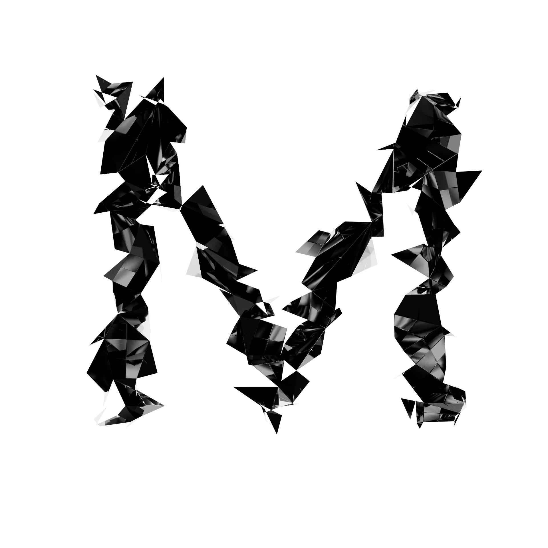 Letra M de Shard Type: carácter 3D fragmentado en esquirlas angulares de material especular negro sobre fondo blanco