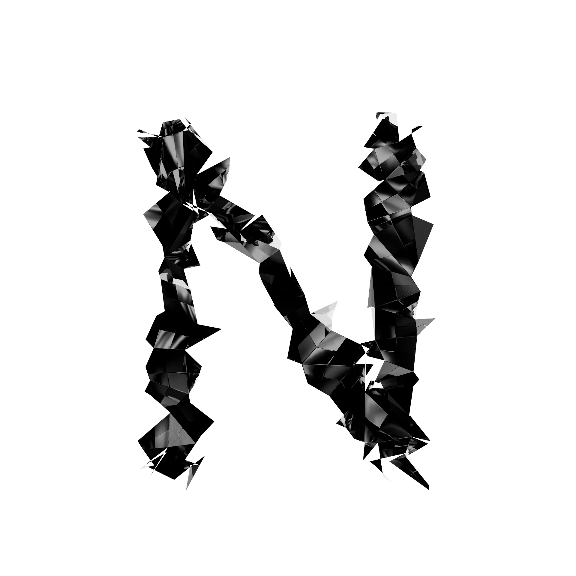 Letra N de Shard Type: carácter 3D fragmentado en esquirlas angulares de material especular negro sobre fondo blanco