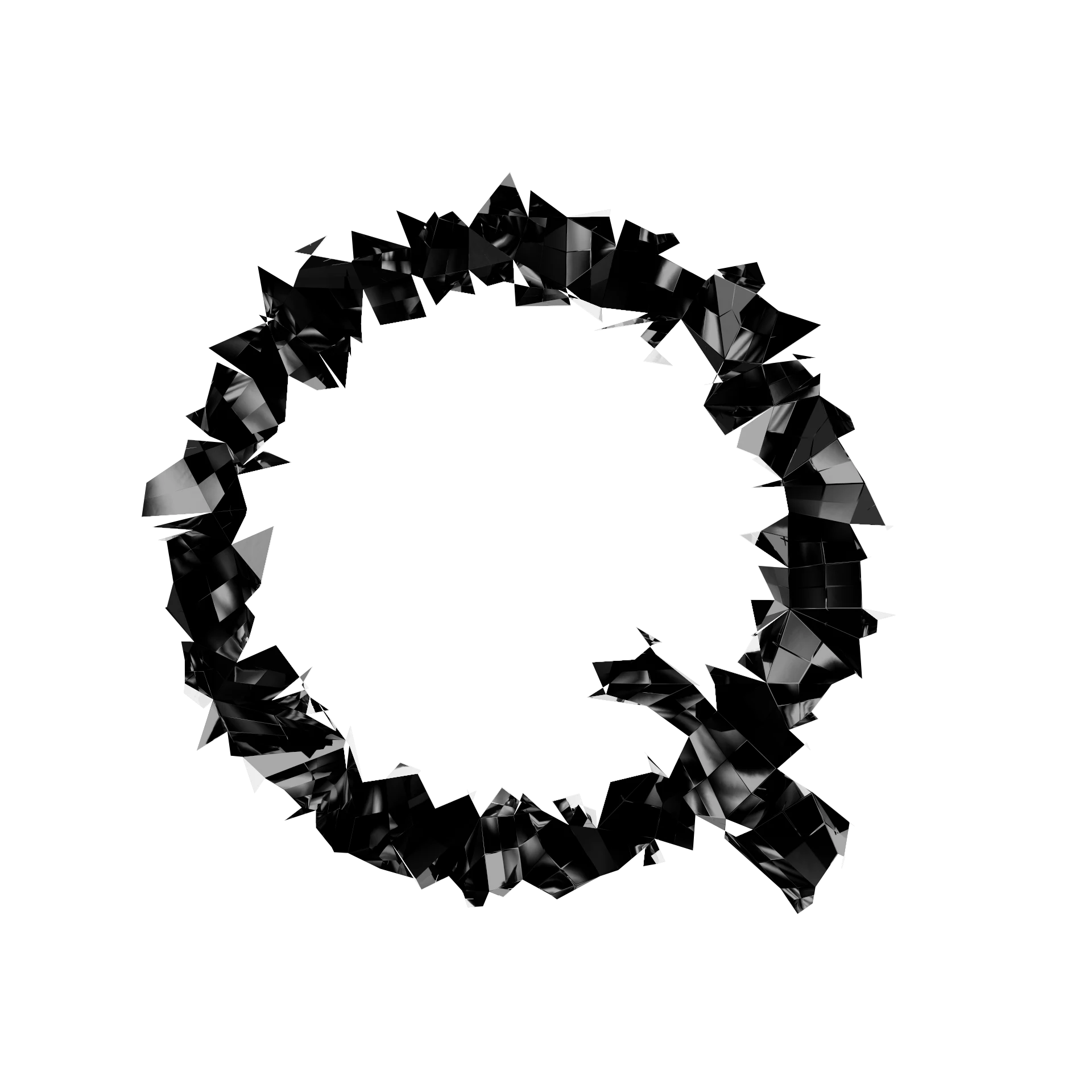 Letra Q de Shard Type: carácter 3D fragmentado en esquirlas angulares de material especular negro sobre fondo blanco