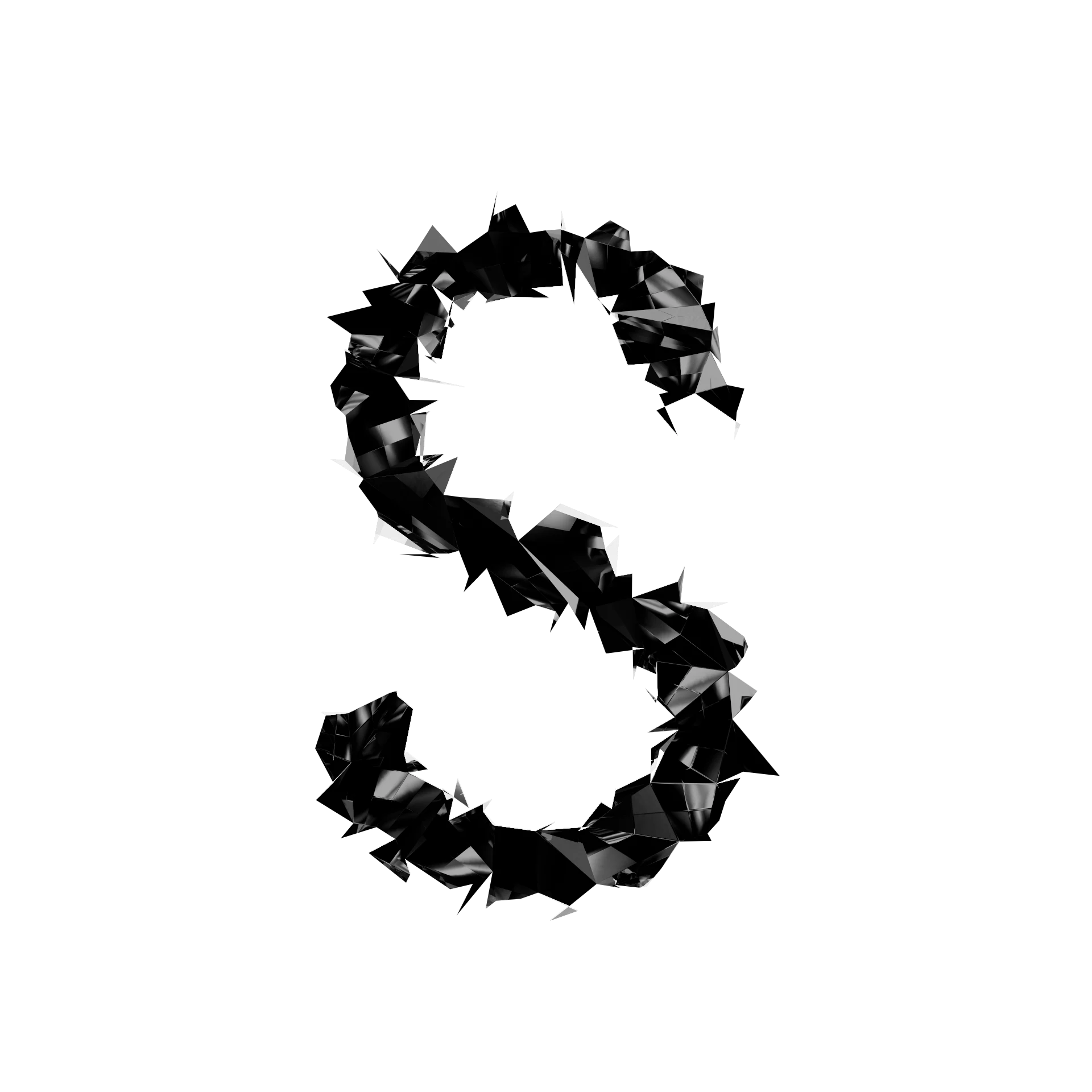 Letra S de Shard Type: carácter 3D fragmentado en esquirlas angulares de material especular negro sobre fondo blanco