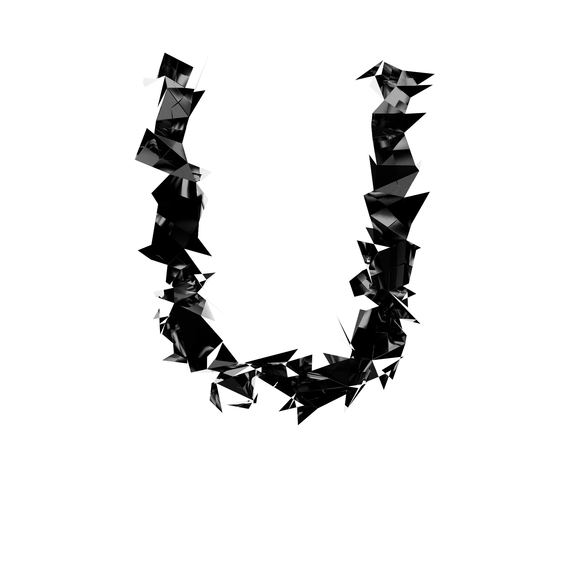 Letra U de Shard Type: carácter 3D fragmentado en esquirlas angulares de material especular negro sobre fondo blanco