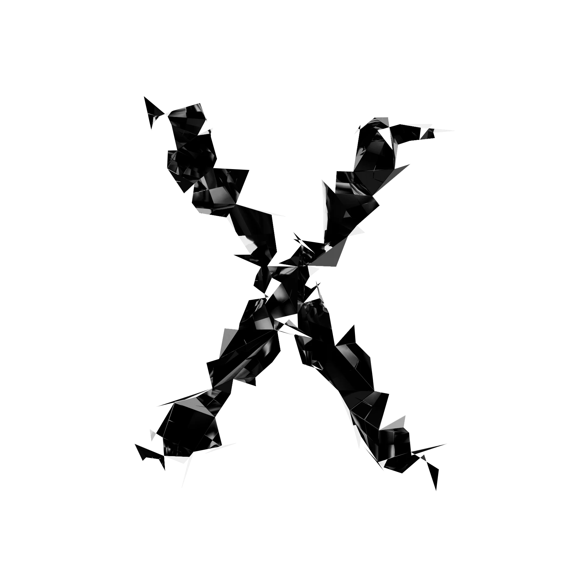 Letra X de Shard Type: carácter 3D fragmentado en esquirlas angulares de material especular negro sobre fondo blanco